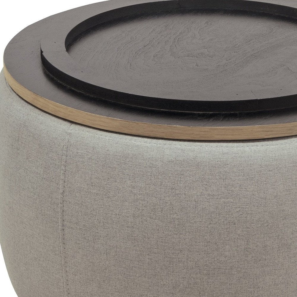 26" Light Gray And Natural Wood And Upholstery Round Ottoman With Storage HomeRoots