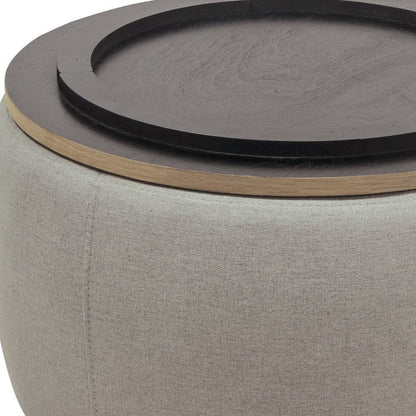 26" Light Gray And Natural Wood And Upholstery Round Ottoman With Storage HomeRoots