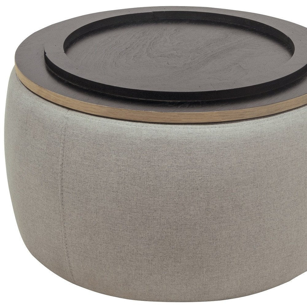 26" Light Gray And Natural Wood And Upholstery Round Ottoman With Storage HomeRoots