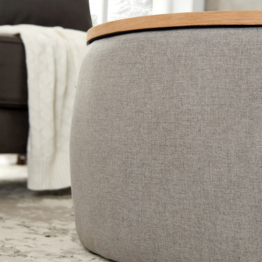 26" Gray and Natural Fabric And Wood Reversible Tray Top Round Storage Ottoman HomeRoots