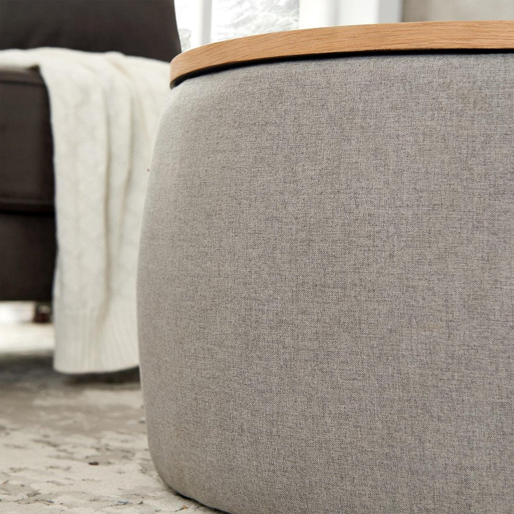 26" Light Gray And Natural Wood And Upholstery Round Ottoman With Storage HomeRoots