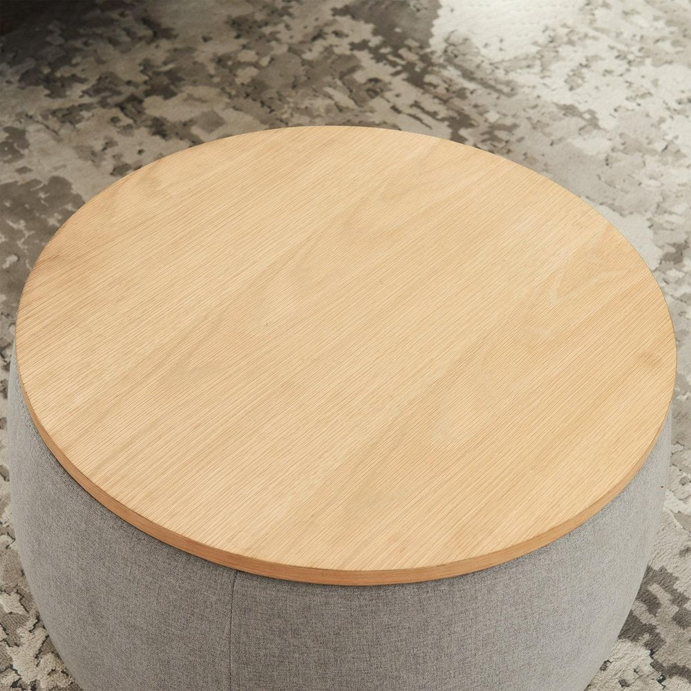 26" Light Gray And Natural Wood And Upholstery Round Ottoman With Storage HomeRoots