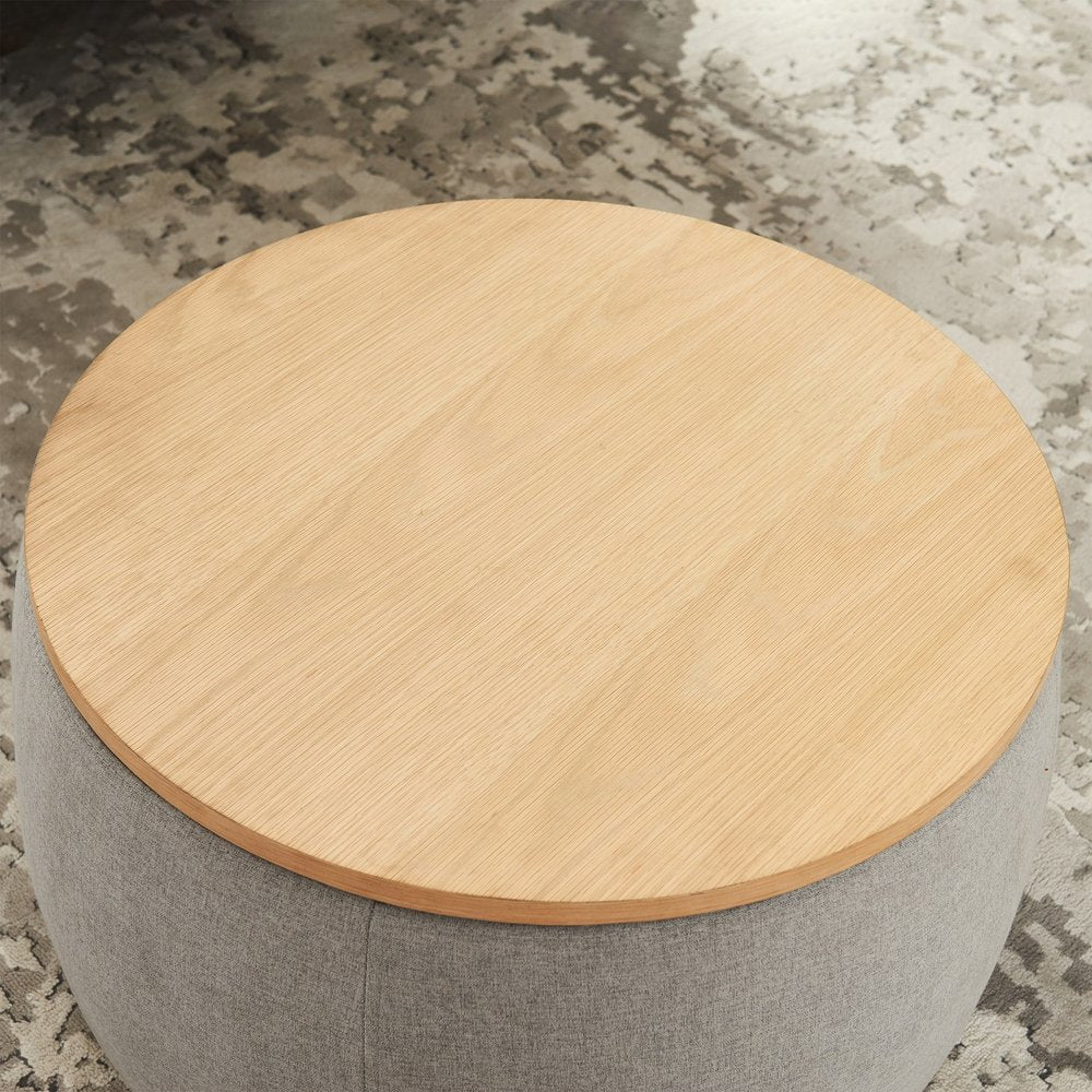 26" Gray and Natural Fabric And Wood Reversible Tray Top Round Storage Ottoman HomeRoots
