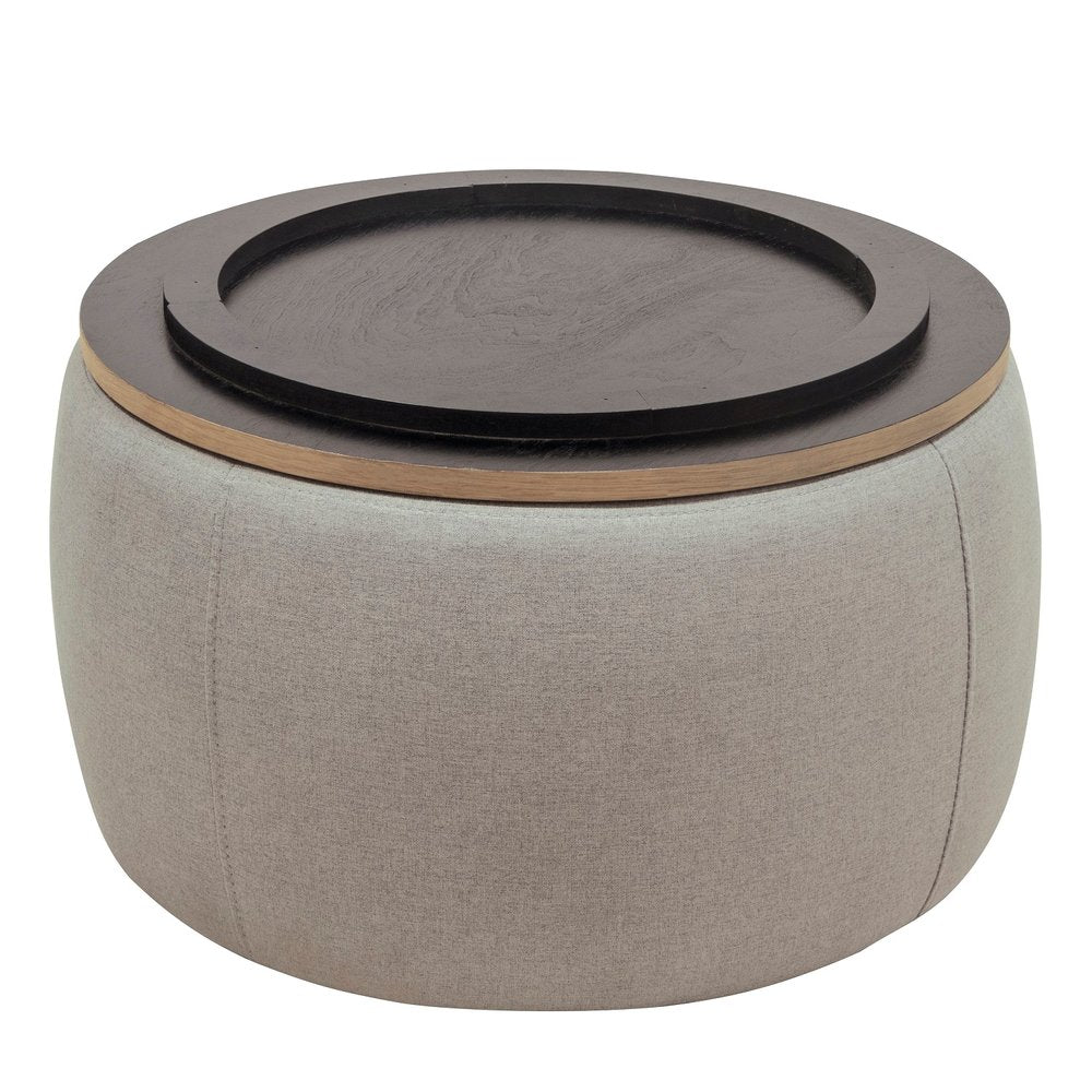 26" Light Gray And Natural Wood And Upholstery Round Ottoman With Storage HomeRoots