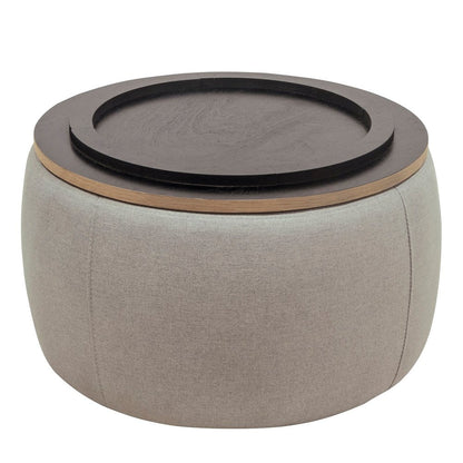 26" Light Gray And Natural Wood And Upholstery Round Ottoman With Storage HomeRoots