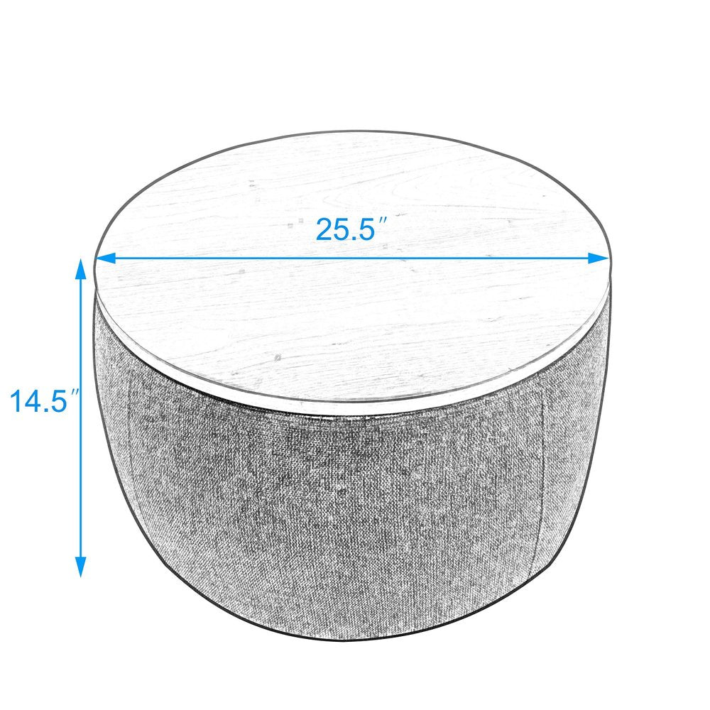 26" Gray and Natural Fabric And Wood Reversible Tray Top Round Storage Ottoman HomeRoots