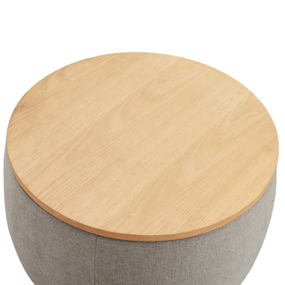 26" Light Gray And Natural Wood And Upholstery Round Ottoman With Storage HomeRoots