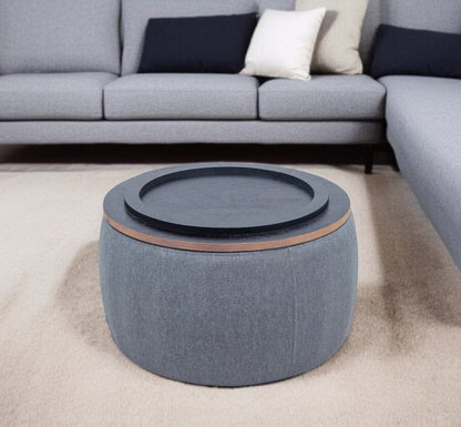 26" Dark Gray And Natural Wood And Upholstery Round Ottoman With Storage HomeRoots