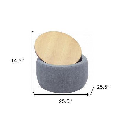 26" Dark Gray And Natural Wood And Upholstery Round Ottoman With Storage HomeRoots