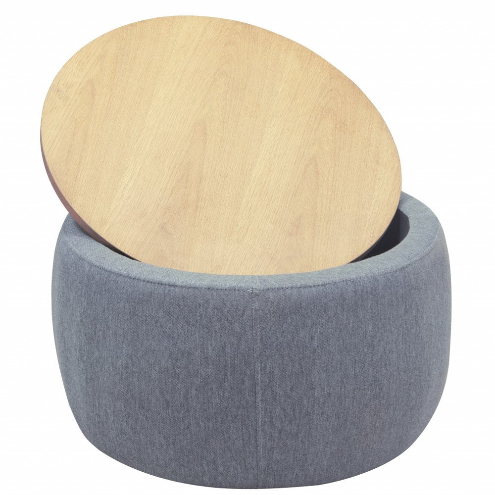 26" Dark Gray And Natural Wood And Upholstery Round Ottoman With Storage HomeRoots