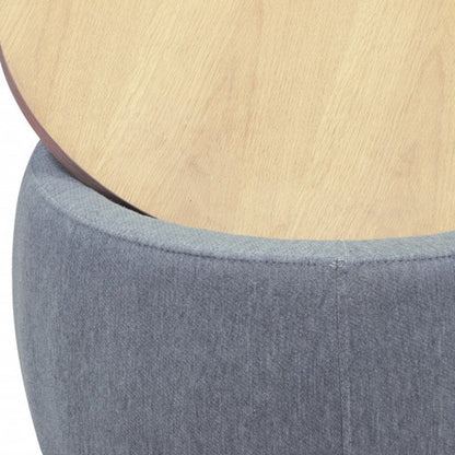 26" Dark Gray And Natural Wood And Upholstery Round Ottoman With Storage HomeRoots