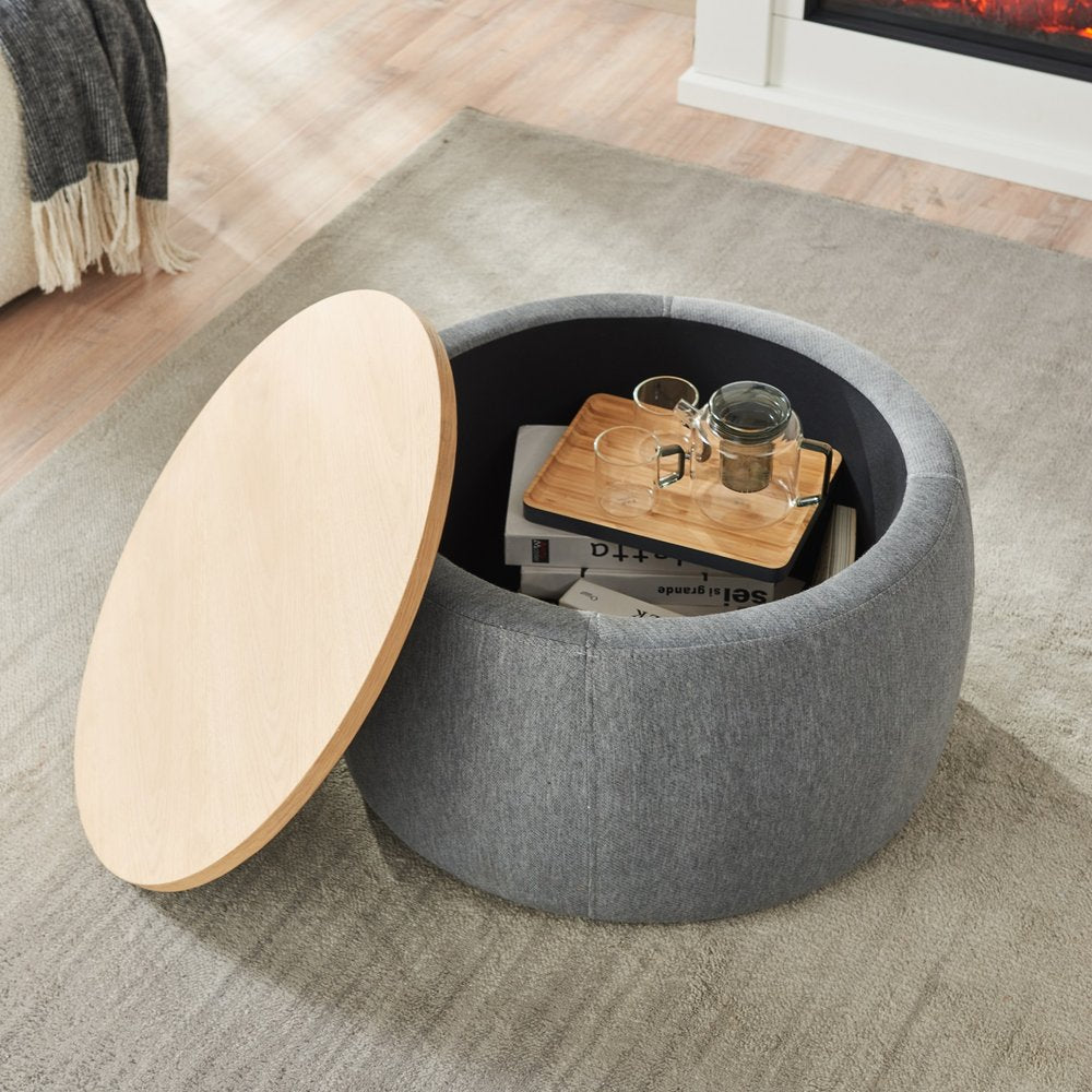 26" Dark Gray And Natural Wood And Upholstery Round Ottoman With Storage HomeRoots