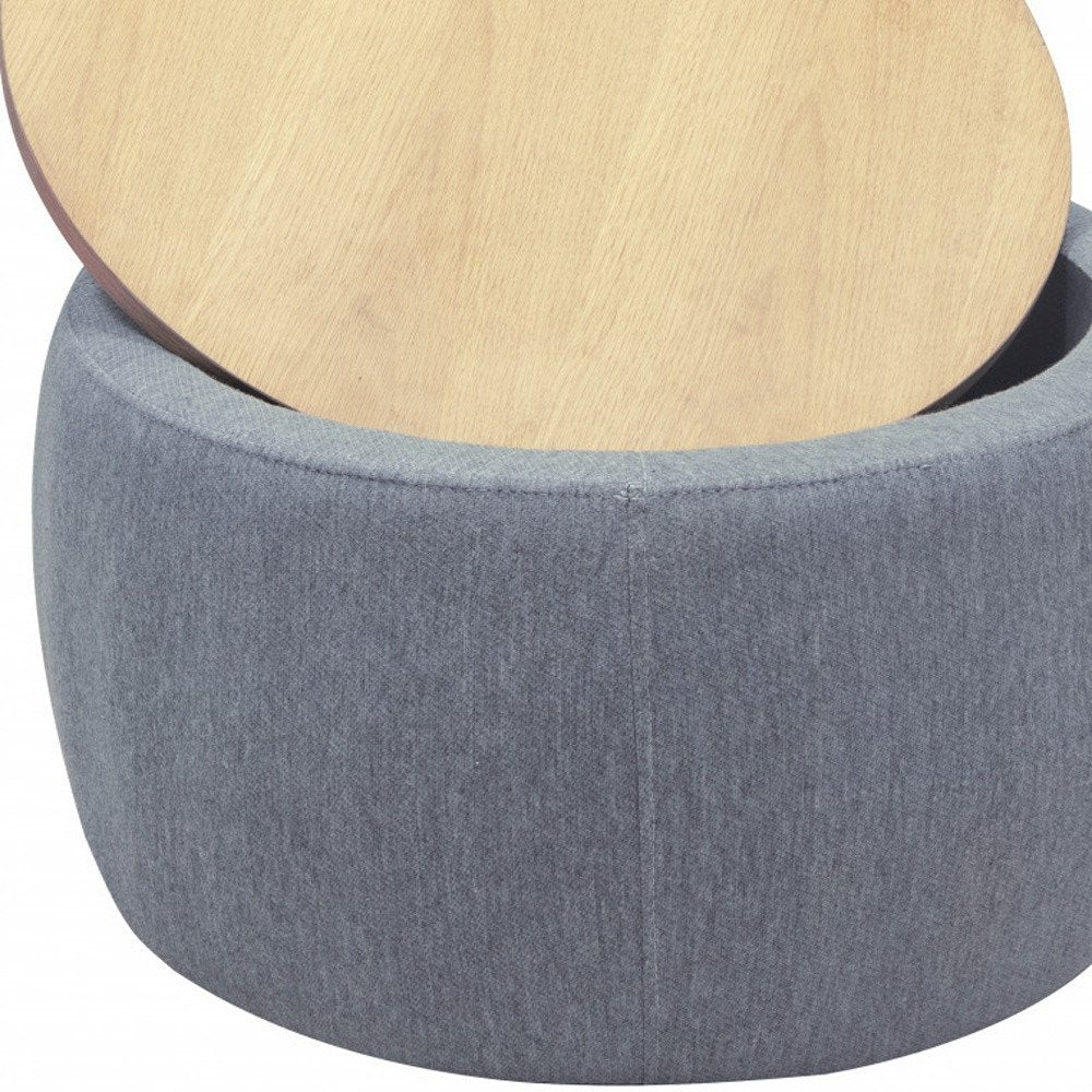 26" Dark Gray And Natural Wood And Upholstery Round Ottoman With Storage HomeRoots