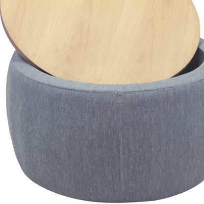 26" Dark Gray And Natural Wood And Upholstery Round Ottoman With Storage HomeRoots