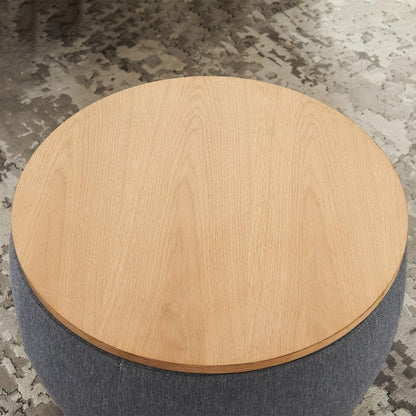 26" Dark Gray And Natural Wood And Upholstery Round Ottoman With Storage HomeRoots