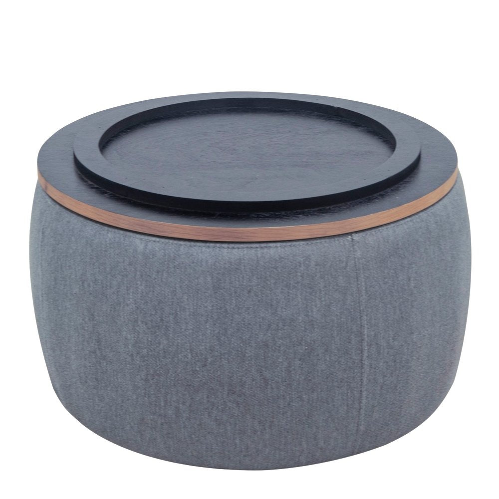 26" Dark Gray And Natural Wood And Upholstery Round Ottoman With Storage HomeRoots