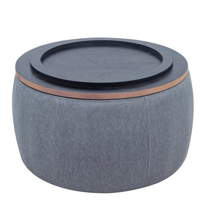 26" Dark Gray And Natural Wood And Upholstery Round Ottoman With Storage HomeRoots