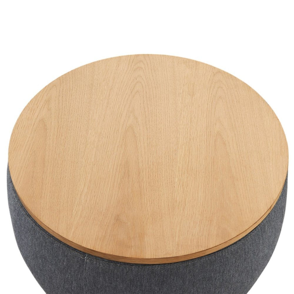 26" Dark Gray And Natural Wood And Upholstery Round Ottoman With Storage HomeRoots
