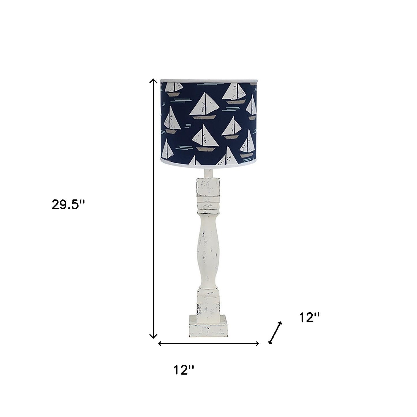 30" Distressed White Candlestick Table Lamp With Navy Sailboat Shade