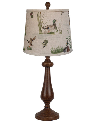 27" Rustic Brown Table Lamp With Beige And Green Duck Empire Shade