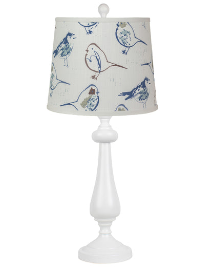 27" White Table Lamp With White Blue And Brown Birds Empire Shade