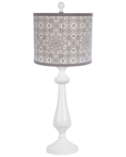 27" White Table Lamp With Gray Taupe Batik Print Drum Shade