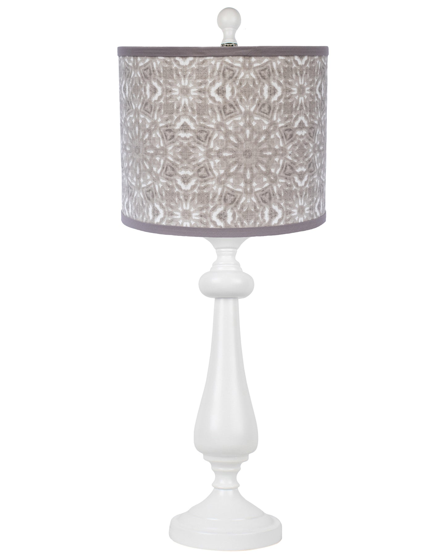 27" White Table Lamp With Gray Taupe Batik Print Drum Shade