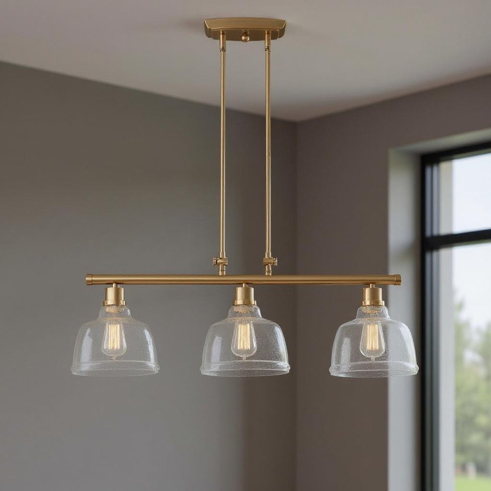 Gold Kitchen Island Three Light Metal and Seeded Glass Dimmable Chandelier With Clear Shades — view 5