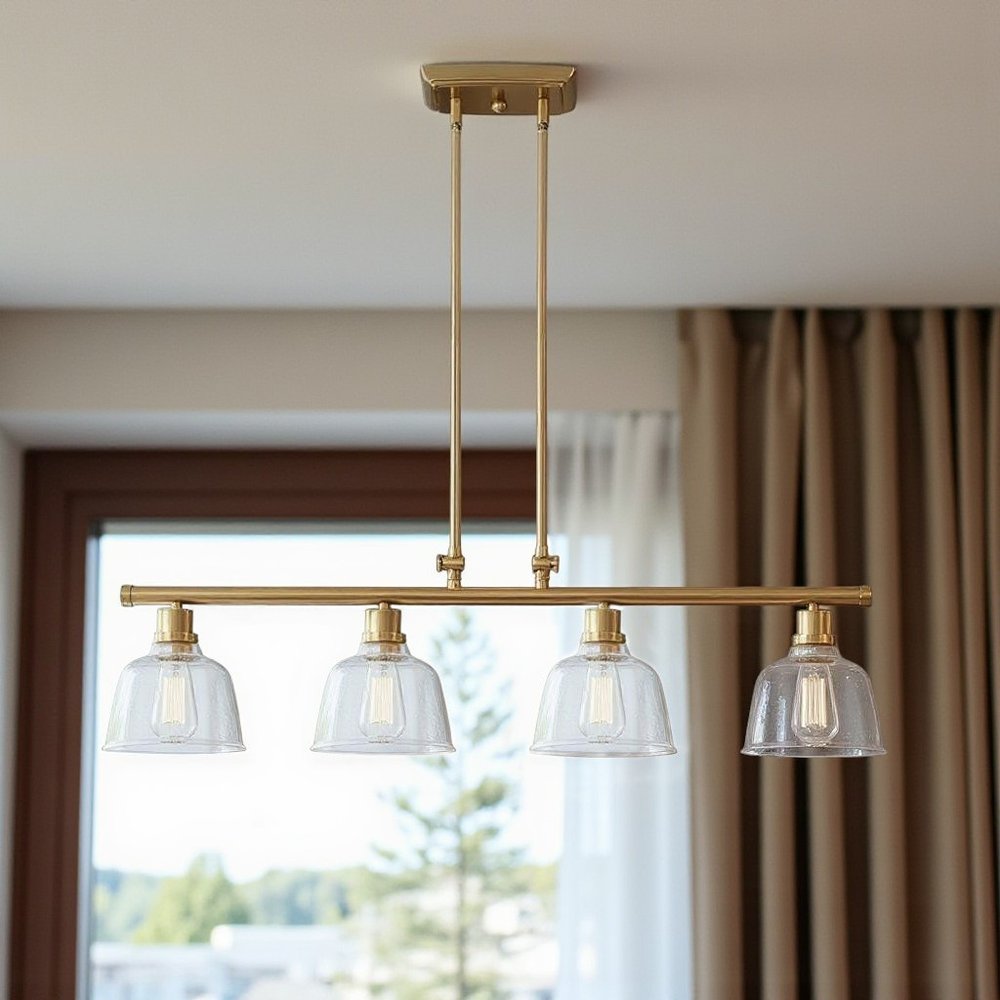 Gold Kitchen Island Four Light Metal and Seeded Glass Dimmable Chandelier With Clear Shades — view 5
