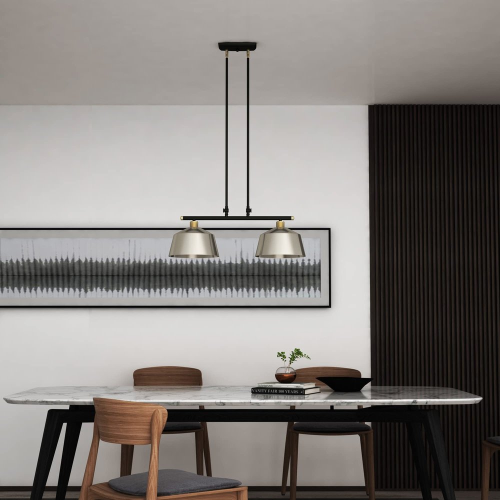 Black And Gray Kitchen Island Two Light Metal Dimmable Chandelier With Gray Shades — view 2