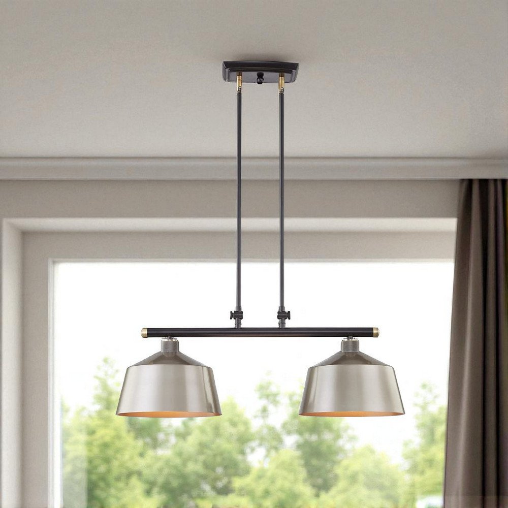 Black And Gray Kitchen Island Two Light Metal Dimmable Chandelier With Gray Shades — view 6