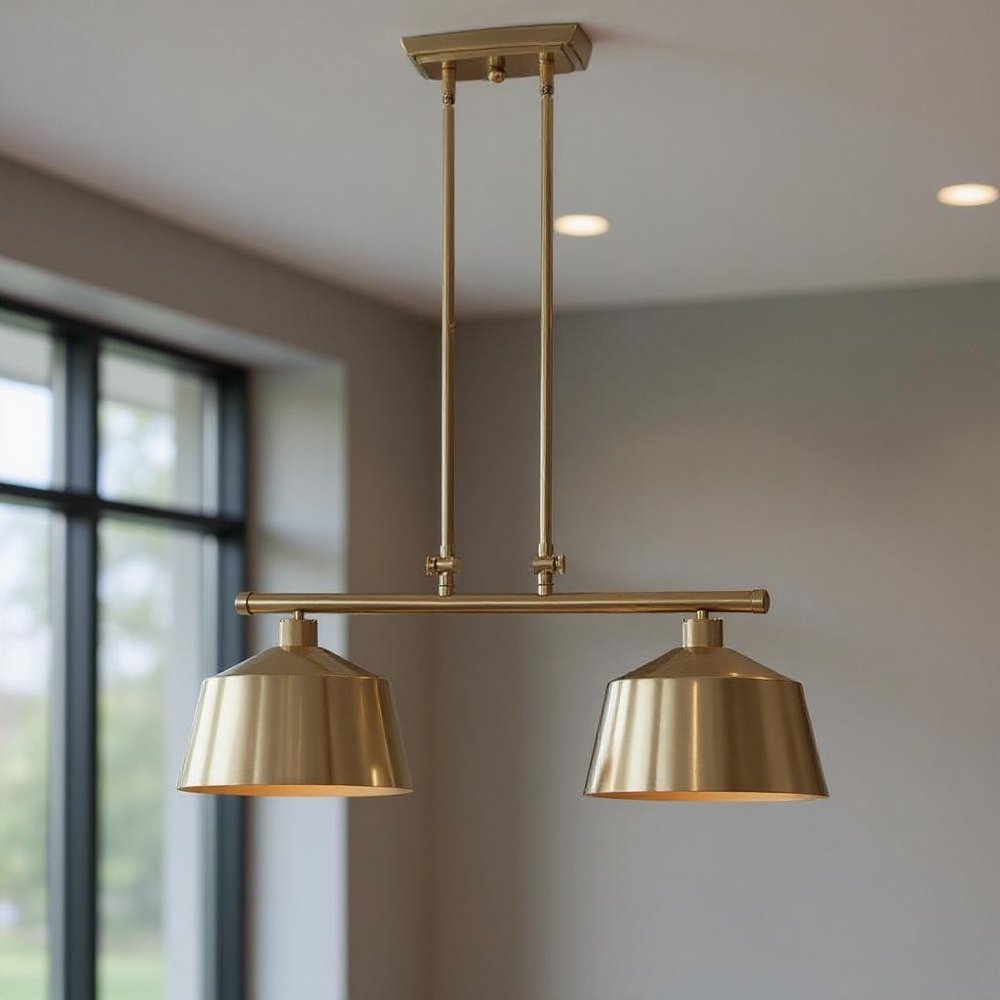Gold Kitchen Island Two Light Metal Dimmable Chandelier With Gold Shades — view 5