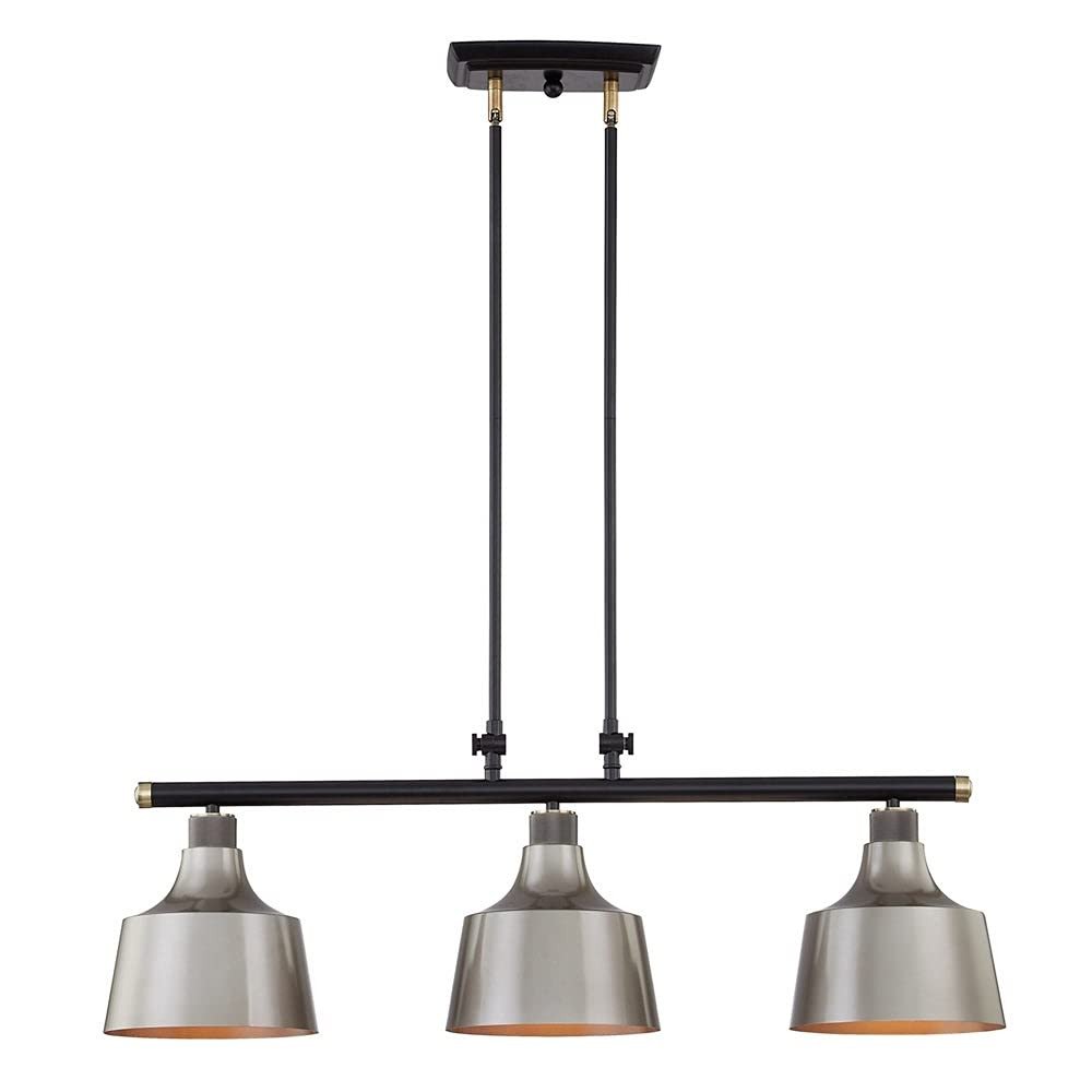 Black And Gray Kitchen Island Three Light Metal Dimmable Chandelier With Gray Shades — view 1
