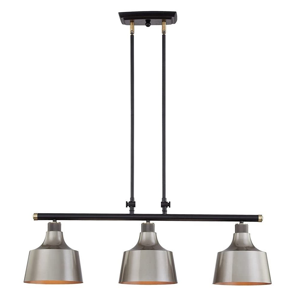 Black And Gray Kitchen Island Three Light Metal Dimmable Chandelier With Gray Shades — view 2
