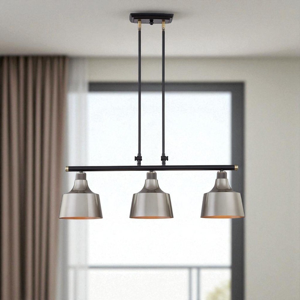 Black And Gray Kitchen Island Three Light Metal Dimmable Chandelier With Gray Shades — view 6