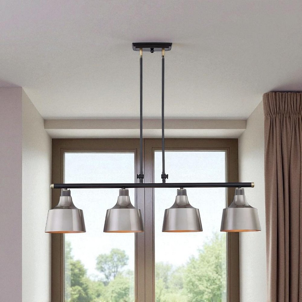 Black And Gray Kitchen Island Four Light Metal Dimmable Chandelier With Gray Shades — view 4