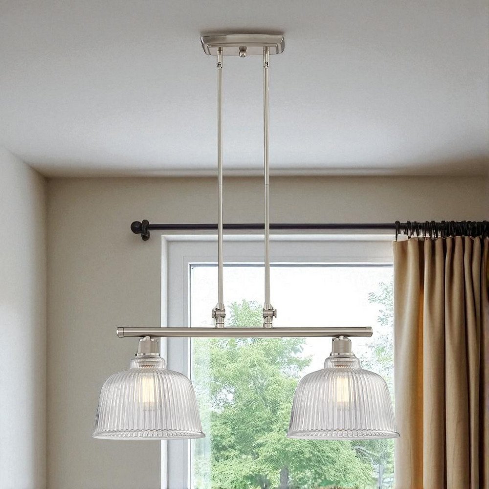 Nickel Kitchen Island Two Light Metal and Transparent Glass Dimmable Chandelier With Clear Shades — view 7