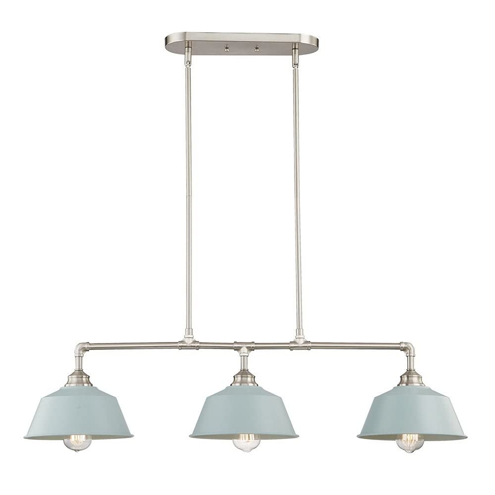 Nickel Kitchen Island Three Light Metal Dimmable Chandelier With Light Blue Shades — view 1