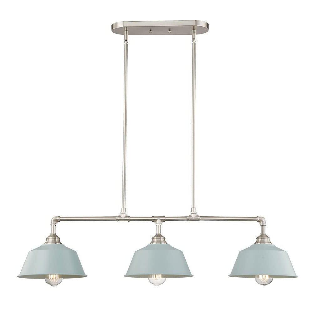 Nickel Kitchen Island Three Light Metal Dimmable Chandelier With Light Blue Shades — view 2