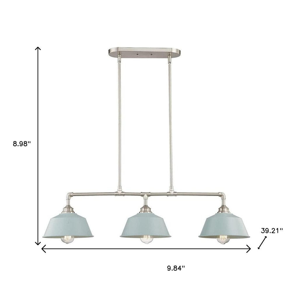 Nickel Kitchen Island Three Light Metal Dimmable Chandelier With Light Blue Shades — view 5