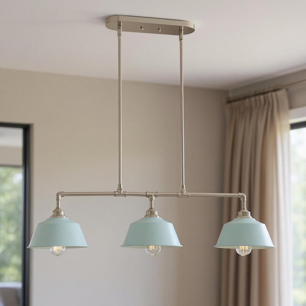 Nickel Kitchen Island Three Light Metal Dimmable Chandelier With Light Blue Shades — view 6