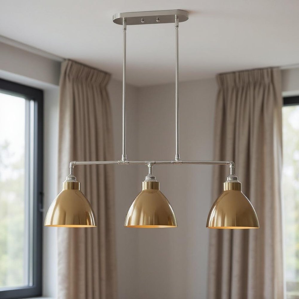 Gold And Silver Kitchen Island Three Light Metal Dimmable Chandelier With Gold Shades — view 7