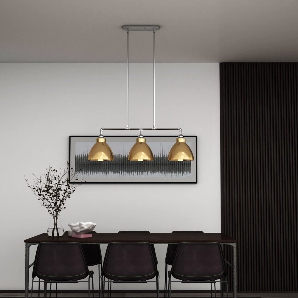 Gold And Silver Kitchen Island Three Light Metal Dimmable Chandelier With Gold Shades — view 2