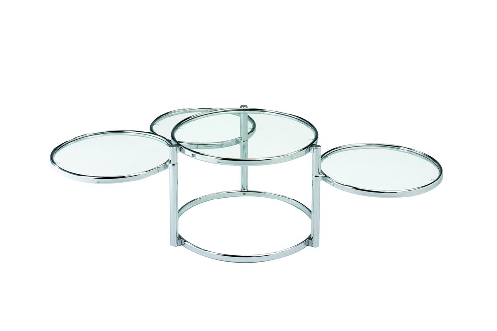 60" Clear And Silver Glass And Steel Round Nested Coffee Tables With Three Shelves HomeRoots