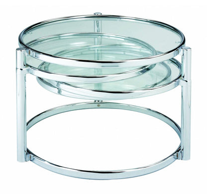 60" Clear And Silver Glass And Steel Round Nested Coffee Tables With Three Shelves HomeRoots