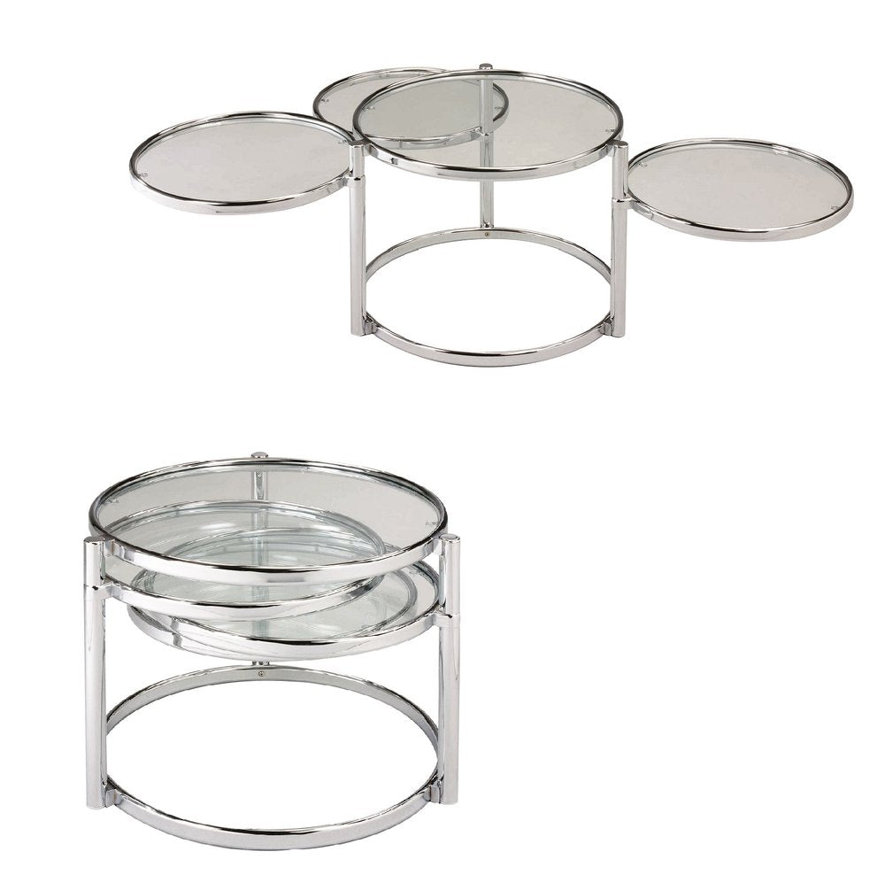 60" Clear And Silver Glass And Steel Round Nested Coffee Tables With Three Shelves HomeRoots