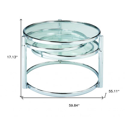 60" Clear And Silver Glass And Steel Round Nested Coffee Tables With Three Shelves HomeRoots