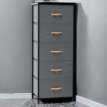 18" Gray and Black Steel and Fabric Five Drawer Chest