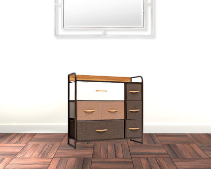 32" Brown Steel and Fabric Seven Drawer Dresser