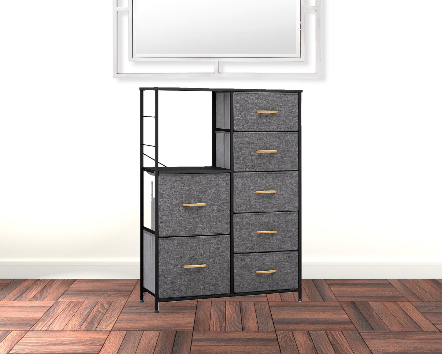 34" Gray and Black Steel and Fabric Seven Drawer Chest